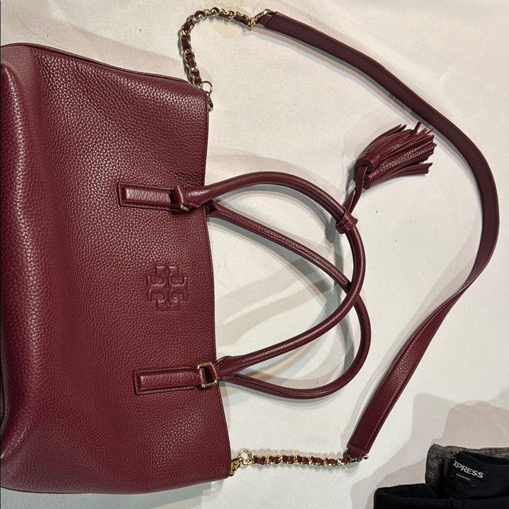 Tory Burch Burgandy Shoulder Bag with Tassel Detail